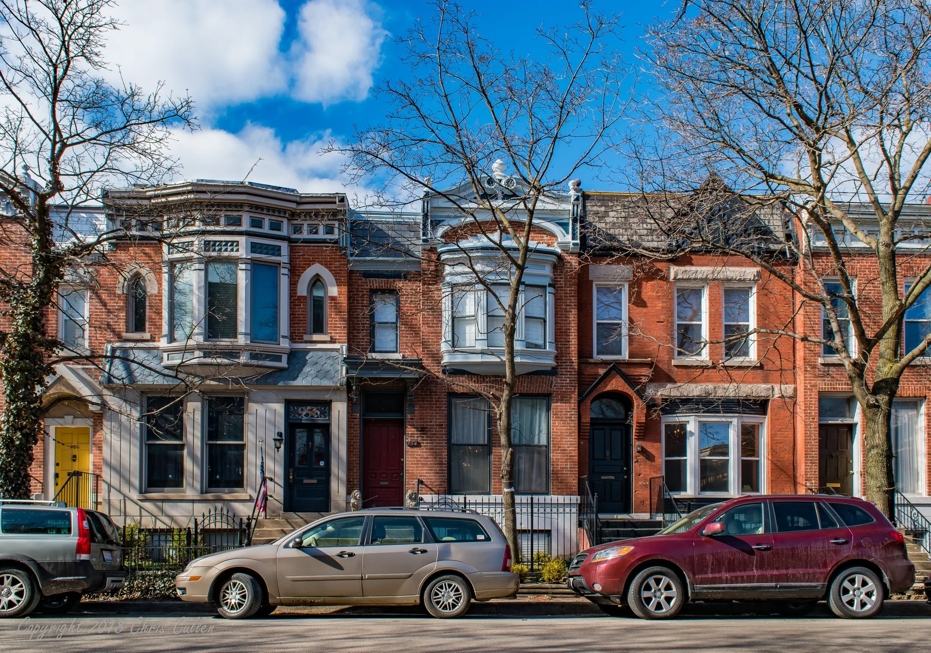 A row of nineteenth-century brick houses on Sheffield Avenue at Dickens Avenue in Lincoln Park